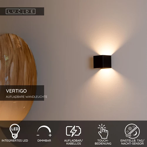 Lucide VERTIGO - wiederaufladbare Wandleuchte Innen/Außen - Akku/Batterie - LED Dim. - 1x6W 2700K - IP54 - Bewegungssensor - Magnetisch - Schwarz - USP